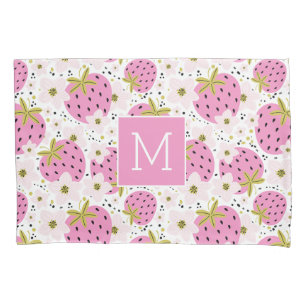 Pink Strawberries Custom Monogram Pillow Case