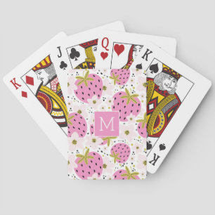 Pink Strawberries Custom Monogram Poker Cards