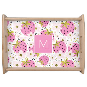 Pink Strawberries Custom Monogram Serving Tray