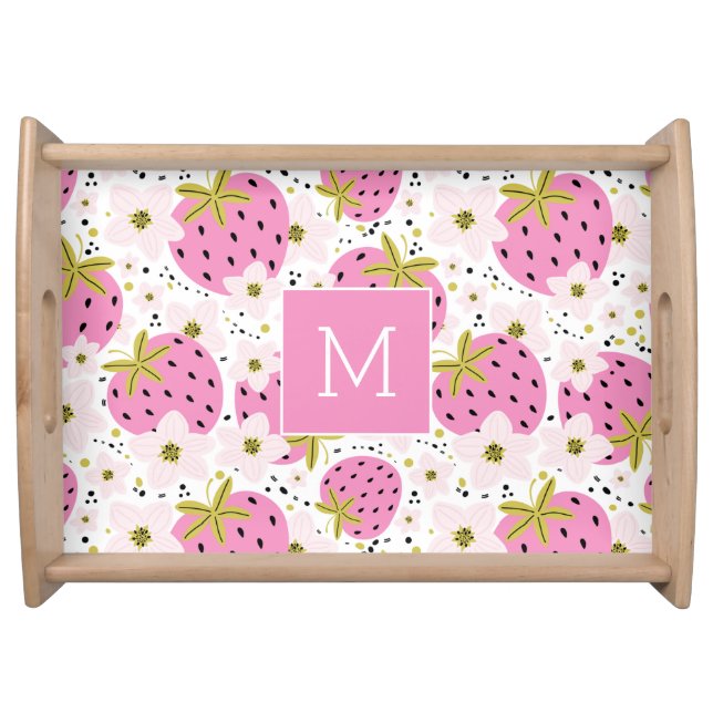 Pink Strawberries Custom Monogram Serving Tray (Front)
