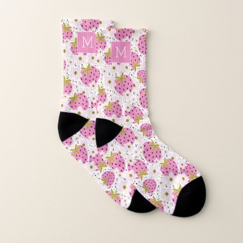 Pink Strawberries Custom Monogram Socks