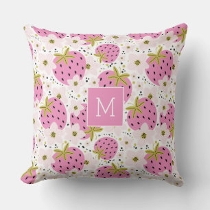 Pink Strawberries Custom Monogram Throw Pillow