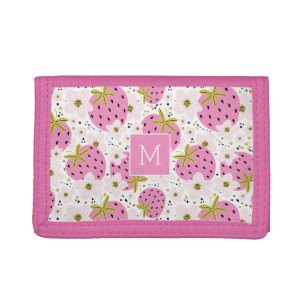 Pink Strawberries Custom Monogram Trifold Wallet