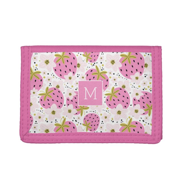 Pink Strawberries Custom Monogram Trifold Wallet (Front)