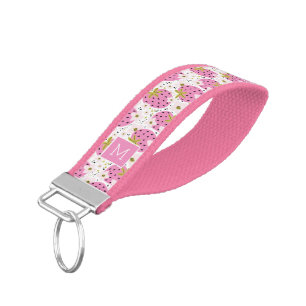 Pink Strawberries Custom Monogram Wrist Keychain