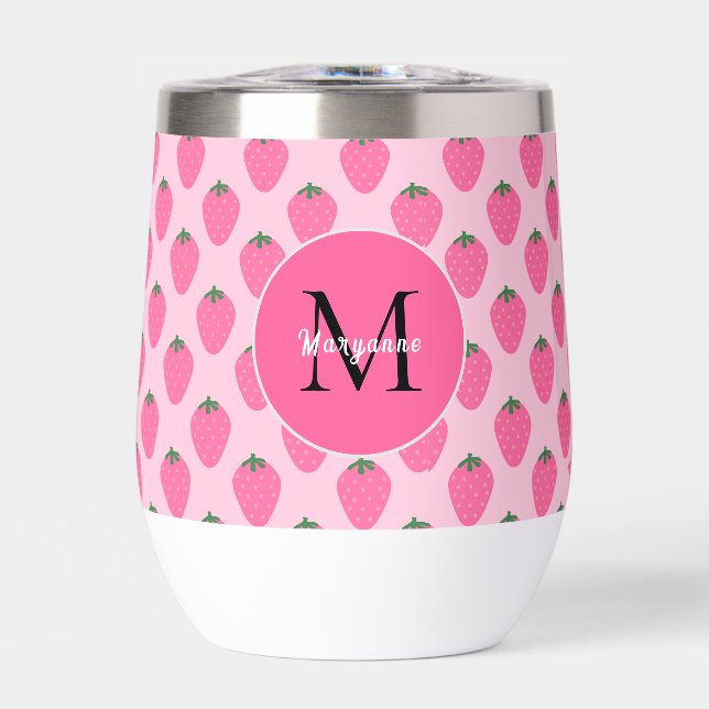 Pink Strawberries, custom  Thermal Wine Tumbler (Front)