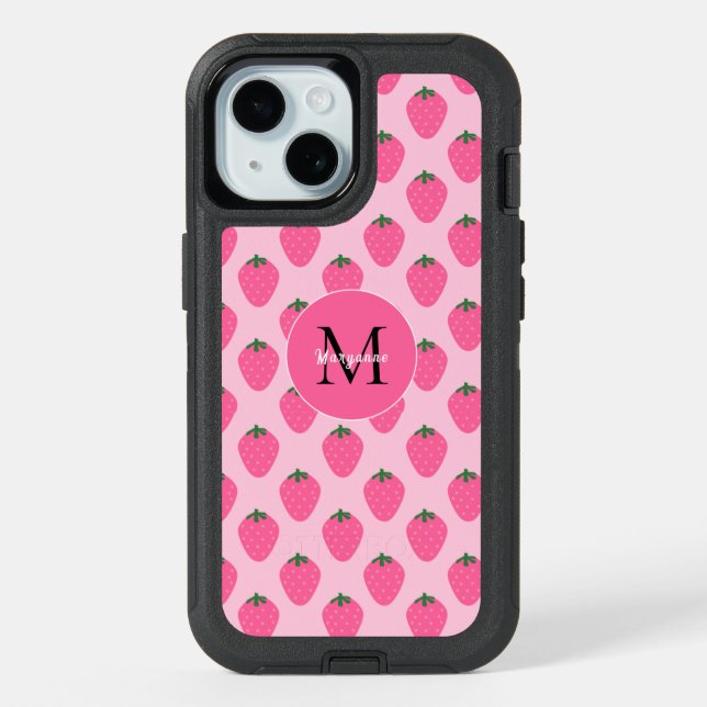 Pink Strawberries, cute customized  iPhone 15 Case (Back)