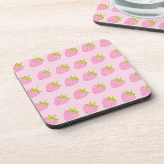 Pink Strawberries Cute Pattern Beverage Coaster (Left Side)