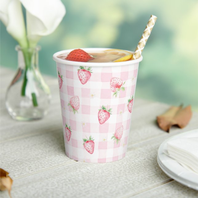 Pink Strawberries Gingham Berry 1st 2nd Birthday Paper Cups (Insitu)