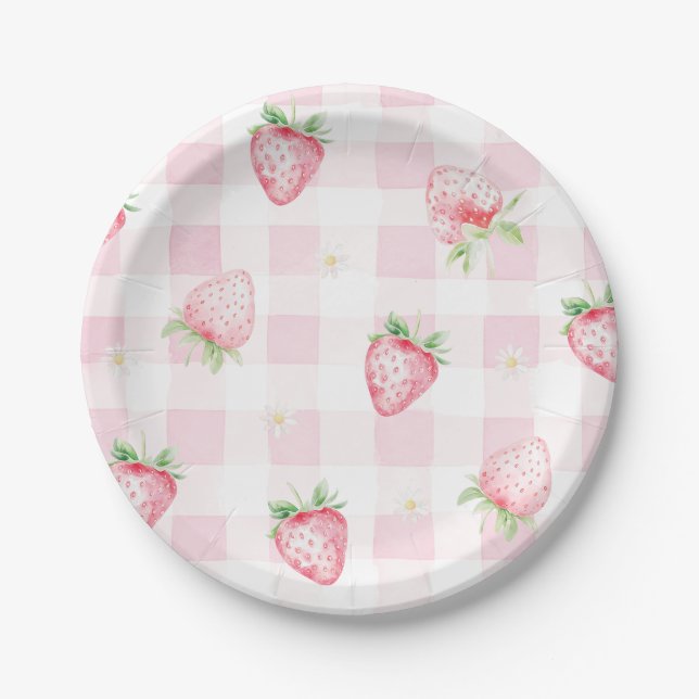 Pink Strawberries Gingham Berry First 1st Birthday Paper Plates (Front)