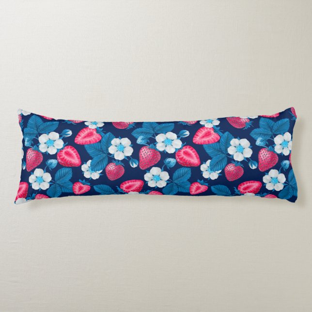 Pink strawberries on blue body pillow (Front)