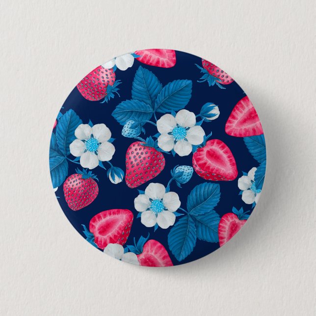 Pink strawberries on blue button (Front)