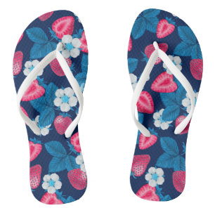 Pink strawberries on blue flip flops