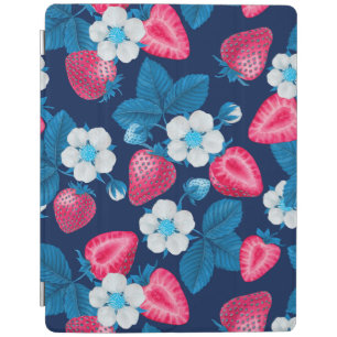 Pink strawberries on blue iPad smart cover