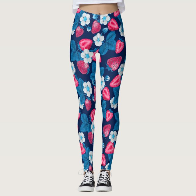 Pink strawberries on blue leggings (Front)