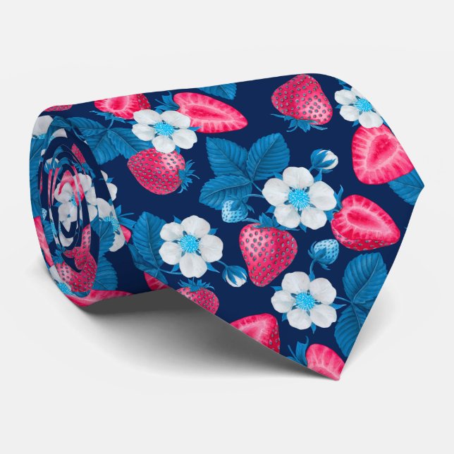 Pink strawberries on blue neck tie (Rolled)