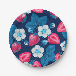 Pink strawberries on blue paper plates