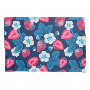 Pink strawberries on blue pillow case