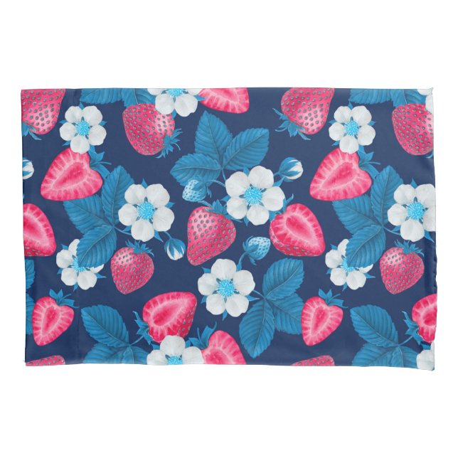 Pink strawberries on blue pillow case (Front)