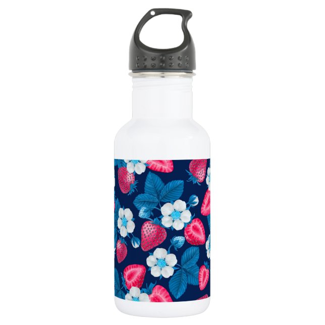 Pink strawberries on blue stainless steel water bottle (Front)