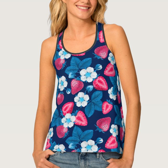 Pink strawberries on blue tank top (Front)