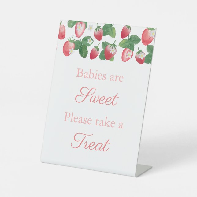 Pink Strawberries Take A Treat Baby Shower Favor Pedestal Sign (Front)