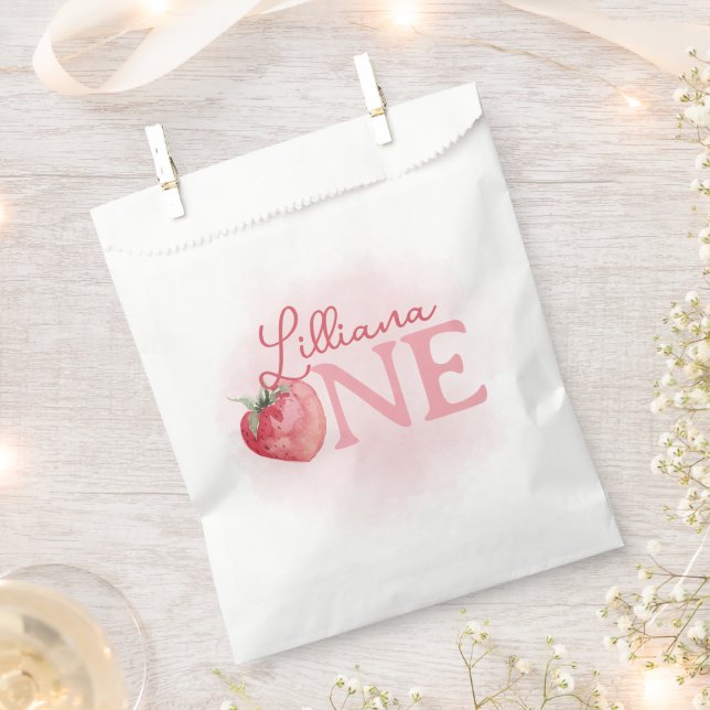 Pink Strawberry 1st Birthday Party Favor Bag (Clipped)