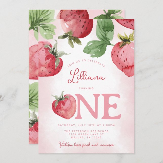 Pink Strawberry 1st Birthday Party Invitation (Front/Back)