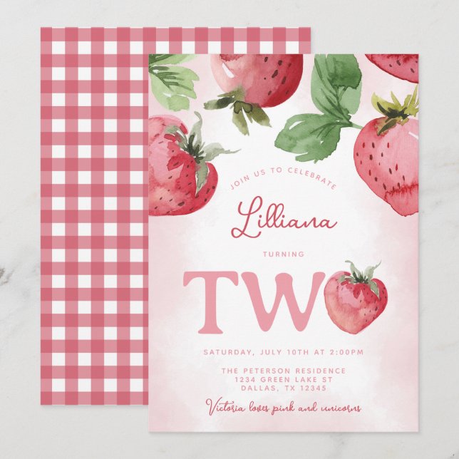 Pink Strawberry 2nd TWO Birthday Party Invitation (Front/Back)