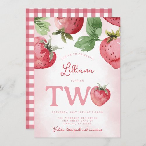 Pink Strawberry 2nd TWO Birthday Party Invitation