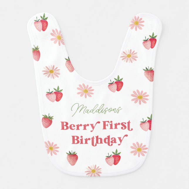 Pink Strawberry and Daisies Berry First Birthday  Baby Bib (Front)
