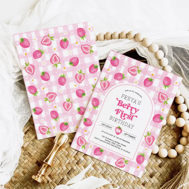 Pink Strawberry Berry First 1st Birthday Girl Invitation | Zazzle