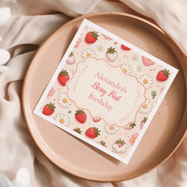 Pink Strawberry Berry First 1st Birthday Napkins (Creator Uploaded)