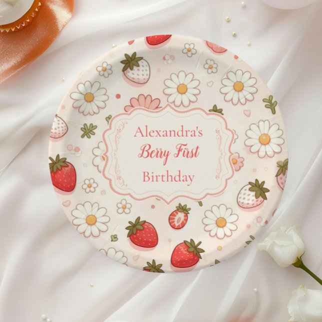 Pink Strawberry Berry First 1st Birthday Paper Plates (Creator Uploaded)