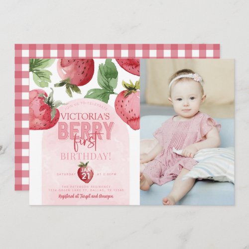 Pink Strawberry Berry First 1st Birthday Party Invitation