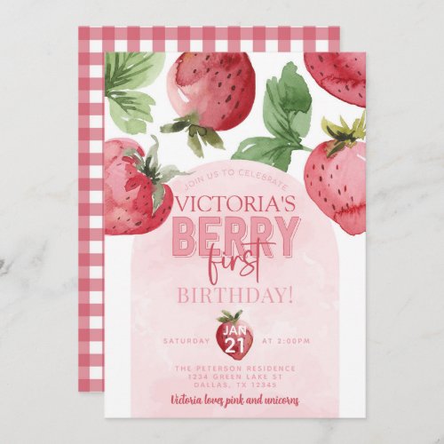 Pink Strawberry Berry First 1st Birthday Party Invitation