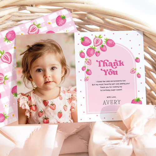 Pink Strawberry Berry First 1st Birthday Photo Thank You Card