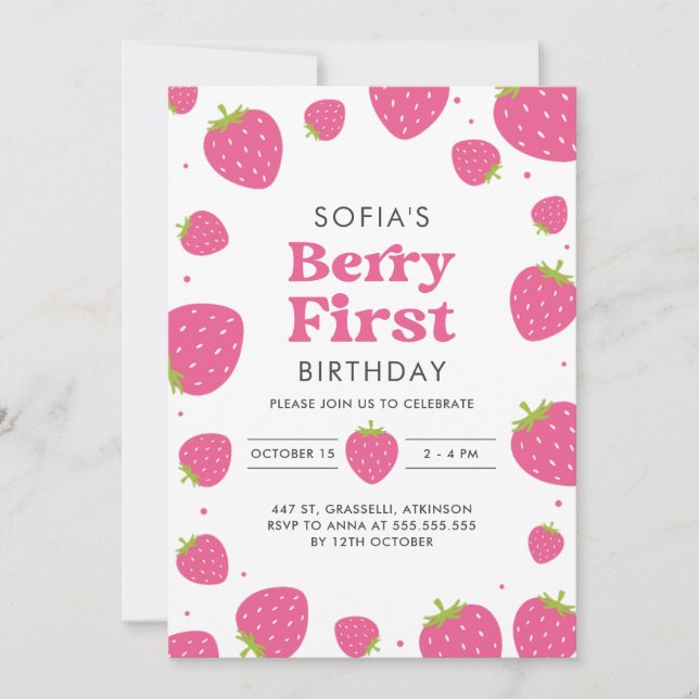 Pink Strawberry Berry First 1st Summer Birthday Invitation (Front)