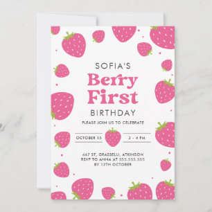 Pink Strawberry Berry First 1st Summer Birthday Invitation
