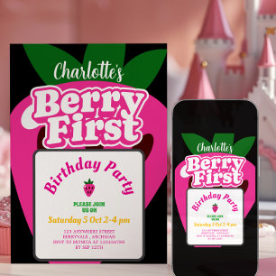 Pink Strawberry Berry First Birthday 1st Birthday Invitation