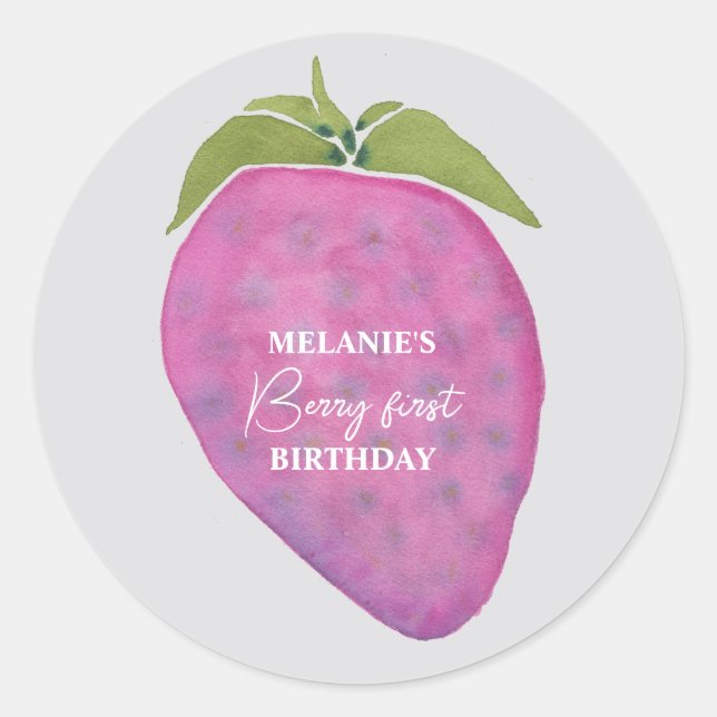 Pink strawberry Berry First Birthday  Classic Round Sticker (Front)