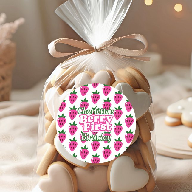 Pink Strawberry Berry First Birthday  Classic Round Sticker (Creator Uploaded)