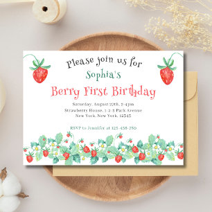 Pink Strawberry Berry First Birthday Invitation