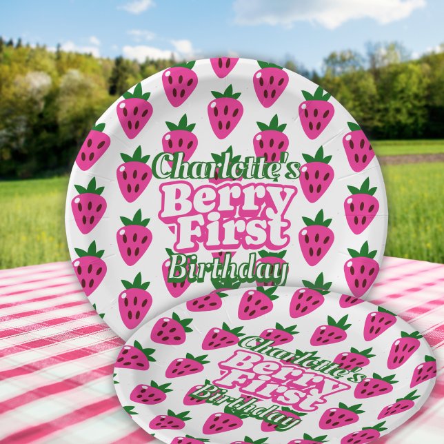 Pink Strawberry Berry First Birthday  Paper Plates (Creator Uploaded)
