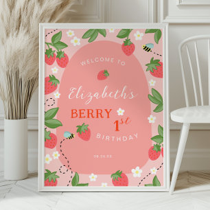 Pink Strawberry Berry First Birthday Welcome Poster