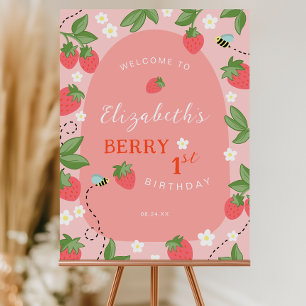 Pink Strawberry Berry First Birthday Welcome Sign
