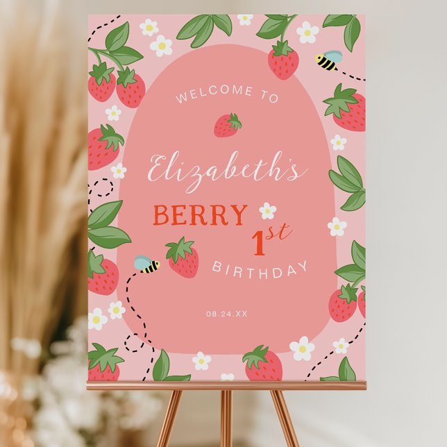 Pink Strawberry Berry First Birthday Welcome Sign (Creator Uploaded)
