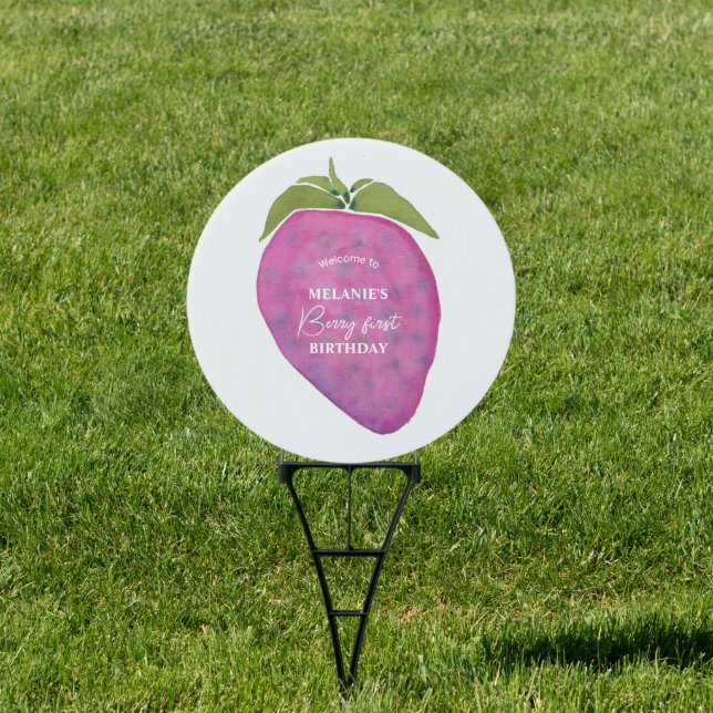 Pink strawberry Berry First Birthday Yard Sign (Insitu)