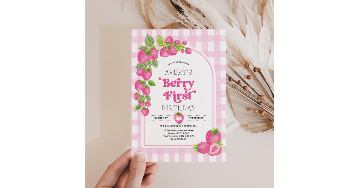 Pink Strawberry Berry First Girl 1st Birthday Invitation | Zazzle