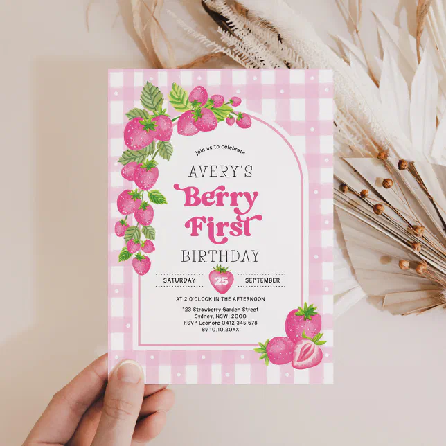 Pink Strawberry Berry First Girl 1st Birthday Invitation | Zazzle